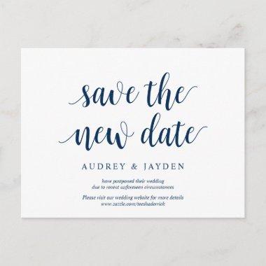 Rustic Navy Blue, Save the new date, wed postponed PostInvitations