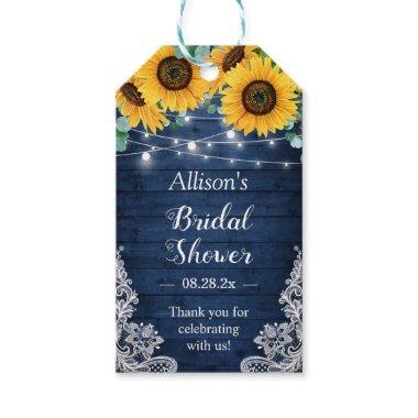 Rustic Navy Sunflowers String Lights Bridal Shower Gift Tags