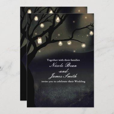 Rustic Night Tree & Mason Jar Lights Wedding Invitations