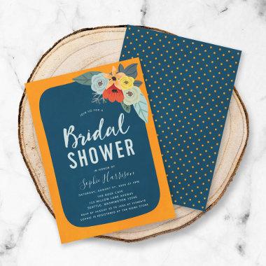 Rustic Orange Blue Floral Bridal Shower Invitations