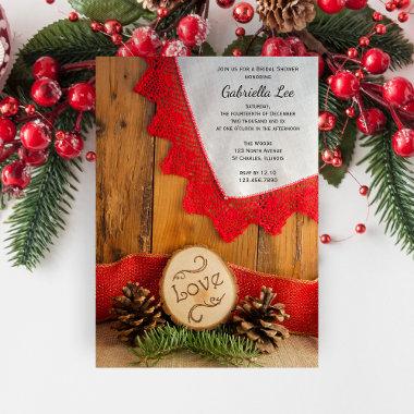 Rustic Pines and Red Lace Winter Bridal Shower Invitations