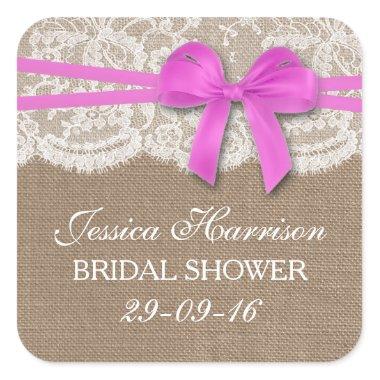 Rustic Pink Bow, Burlap & Lace Bridal Shower Square Sticker