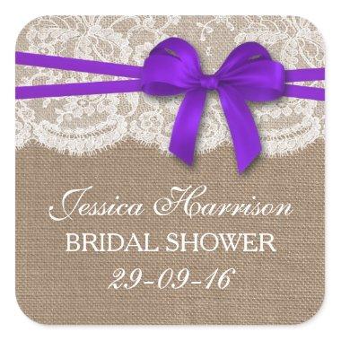 Rustic Purple Bow, Burlap & Lace Bridal Shower Square Sticker
