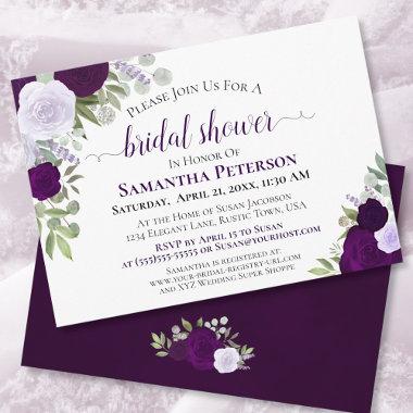 Rustic Purple Roses Elegant Floral Bridal Shower Invitations