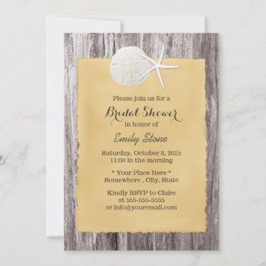 Rustic Sand Dollar & Starfish Wood Bridal Shower Invitations