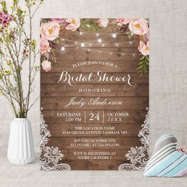 Rustic String Lights Lace Floral Bridal Shower Invitations