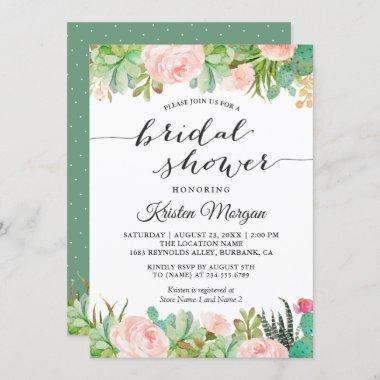 Rustic Succulent Cactus Floral Bridal Shower Invitations