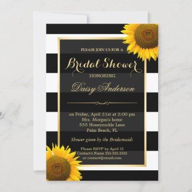Rustic Sunflower Black White Stripes Bridal Shower Invitations