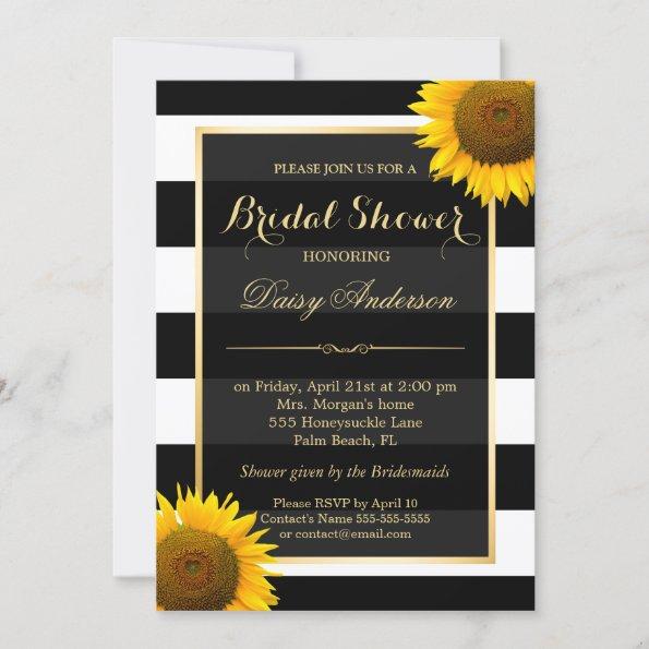 Rustic Sunflower Black White Stripes Bridal Shower Invitations