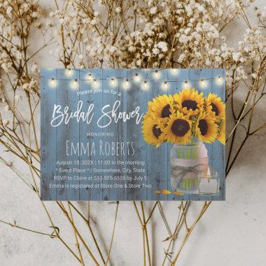 Rustic Sunflower Jar Dusty Blue Wood Bridal Shower Invitations
