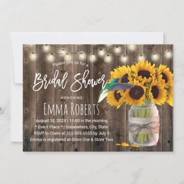 Rustic Sunflower Jar & Hummingbird Bridal Shower Invitations