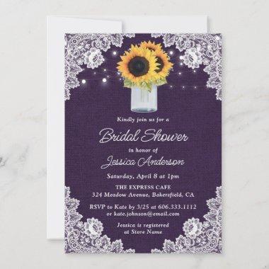 Rustic Sunflower Purple Burlap Lace Bridal Shower Invitations