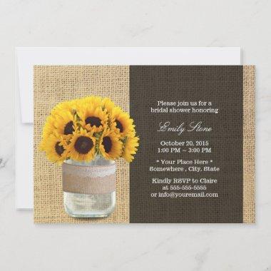 Rustic Sunflowers & Mason Jar Burlap Bridal Shower Invitations