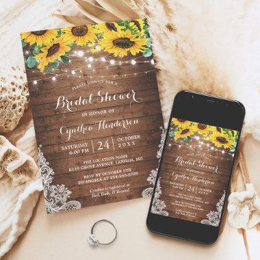 Rustic Sunflowers String Lights Lace Bridal Shower Invitations