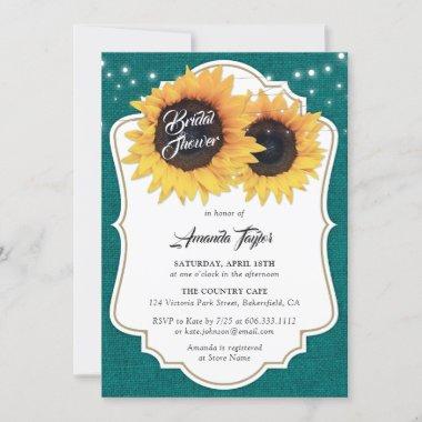 Rustic Teal Burlap Sunflower Bridal Shower Invitations