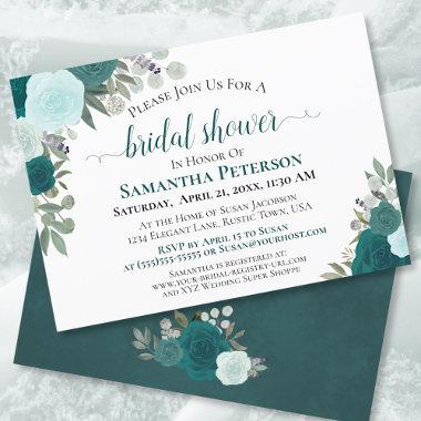 Rustic Teal Watercolor Floral Chic Bridal Shower Invitations