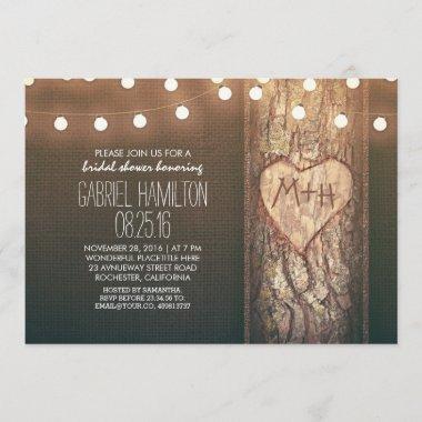 rustic tree heart & string lights bridal shower Invitations