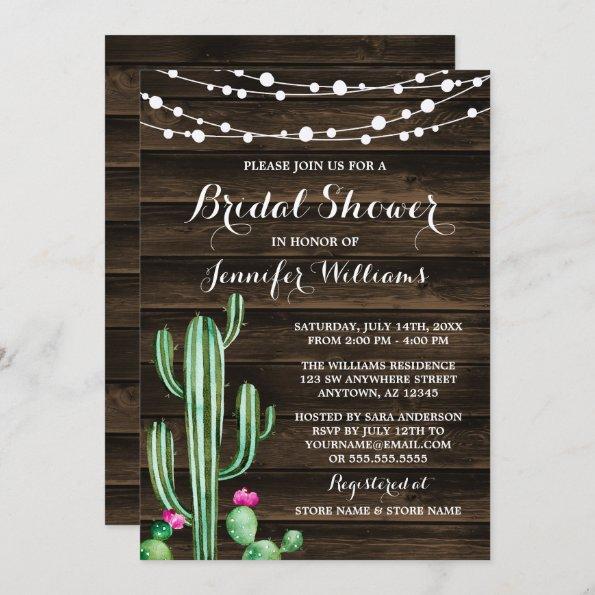 Rustic Watercolor Cactus Barn Wood Bridal Shower Invitations