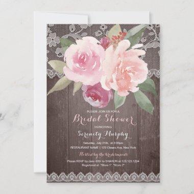 Rustic watercolor floral lace bridal shower Invitations