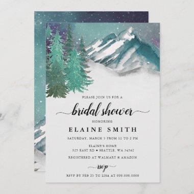 Rustic Watercolor Mountains Pine Bridal Shower Invitations