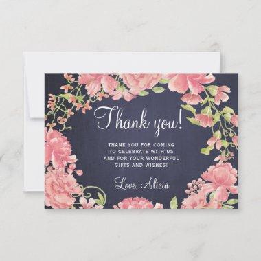 Rustic watercolor pink floral navy bridal shower thank you Invitations