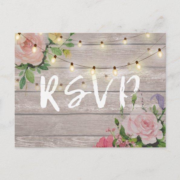 Rustic Wedding Floral Wood String Light RSVP Reply Invitation PostInvitations