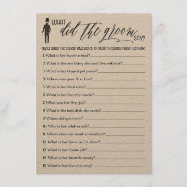 Rustic What Did the Groom Say Bridal Shower Game Enclosure Invitations