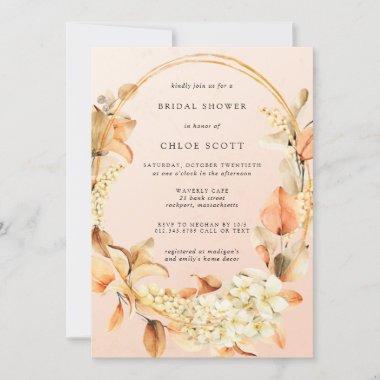 Rustic White Floral and Fall Leaves Bridal Shower Invitations