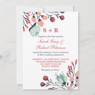 Rustic White Red Blue Floral Wedding Invitations