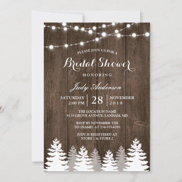 Rustic Winter Bridal Shower String Light Pine Tree Invitations