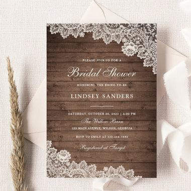 Rustic Wood Floral Lace Bridal Shower Invitations