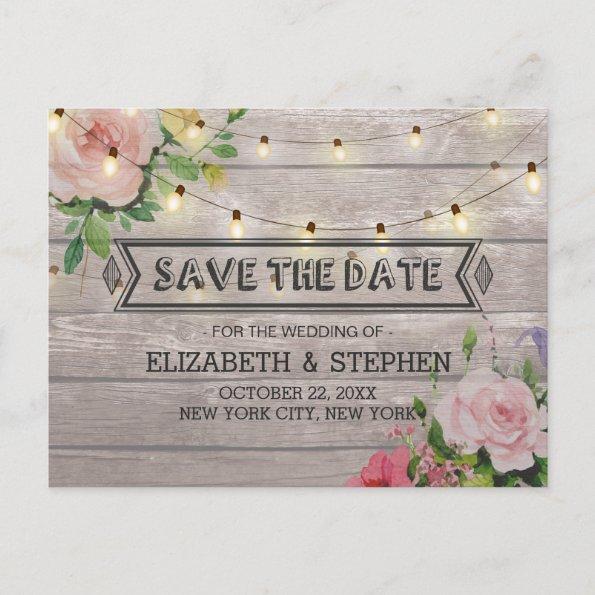 Rustic Wood Floral String Lights Wedding Save Date Announcement PostInvitations