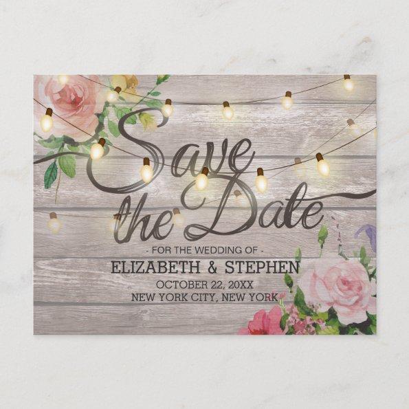 Rustic Wood Floral String Lights Wedding Save Date Announcement PostInvitations