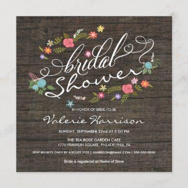 Rustic Wood Floral Wreath Bridal Shower Invites
