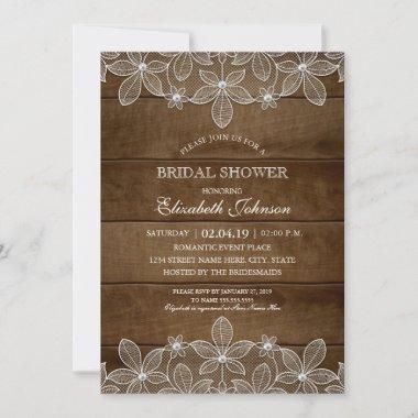 Rustic Wood Lace Elegant Country Bridal Shower Invitations