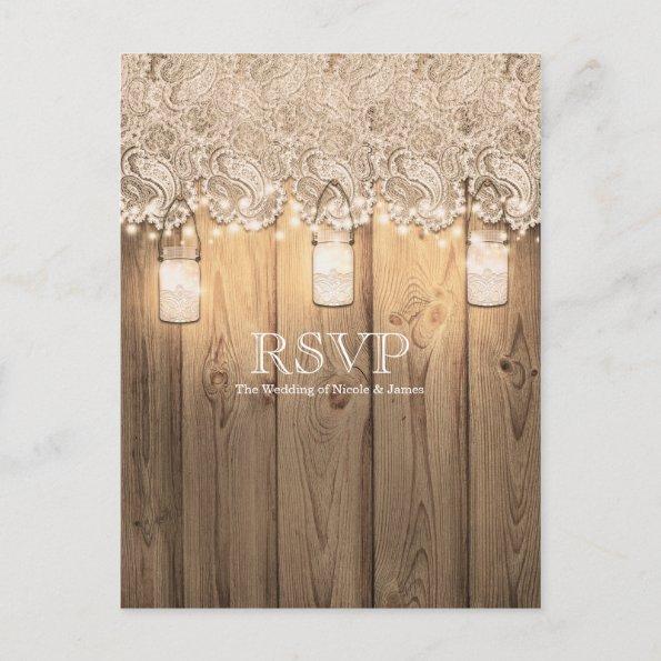 Rustic Wood Lace & Lighted Mason Jar Wedding RSVP Invitation PostInvitations