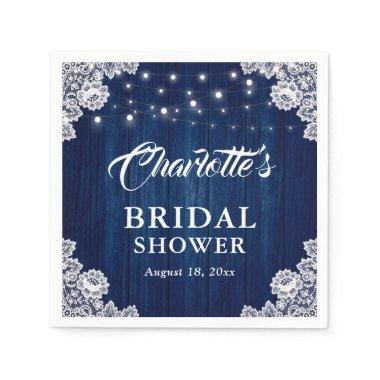 Rustic Wood Lace Navy Blue Bridal Shower Napkins