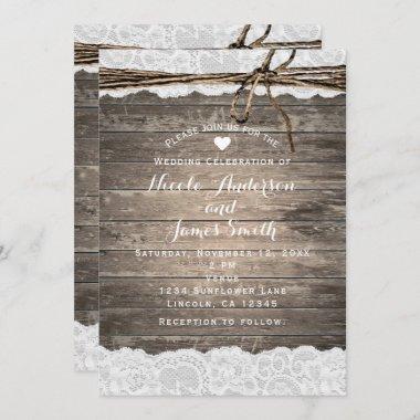 Rustic Wood Lace & Twine Romantic Barn Wedding Invitations