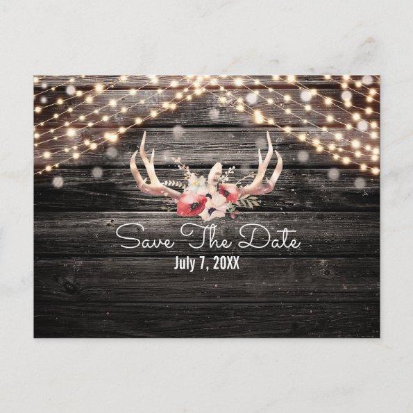 Rustic Wood & Lights Floral Antlers Save the Date Announcement PostInvitations