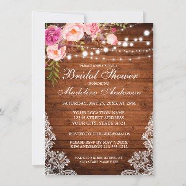 Rustic Wood Lights Lace Floral Bridal Shower Invitations
