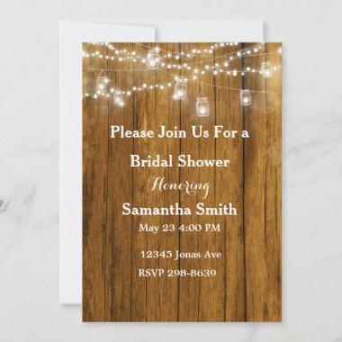 Rustic Wood Mason Jar Hanging Lights Bridal Shower Invitations