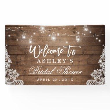 Rustic Wood Mason Jar Lights Lace Bridal Shower Banner