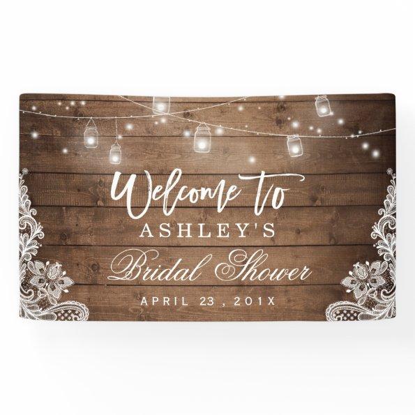 Rustic Wood Mason Jar Lights Lace Bridal Shower Banner