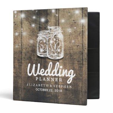 Rustic Wood Mason Jar String Light Wedding Planner 3 Ring Binder