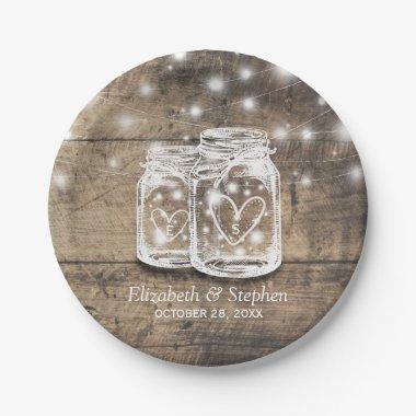 Rustic Wood Mason Jar String Lights Wedding Shower Paper Plates