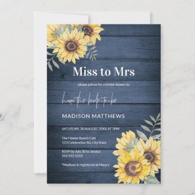 Rustic Wood Navy Sunflower Bridal Shower Invitations