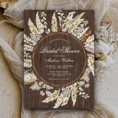 Rustic Wood Pampas Grass Boho Wreath Bridal Shower Invitations