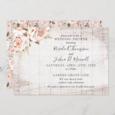 Rustic Wood Romantic Roses Couple Wedding Shower Invitations