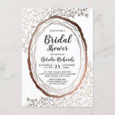 Rustic Wood Slice Copper Foil Autumn Bridal Shower Invitations