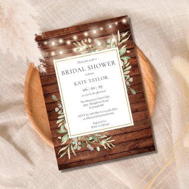 Rustic Wood String Lights Greenery Bridal Shower Invitations